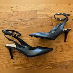 Nine West Black Leather Pointed-Toe Ankle-Strap Heels